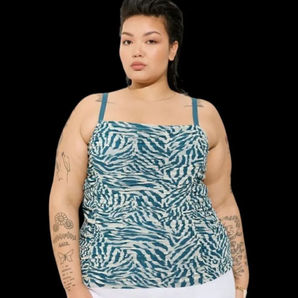 3X 22W 24W Torrid Blue Zebra Stretch Mesh Cropped Shirred Cami Square Neck Tank